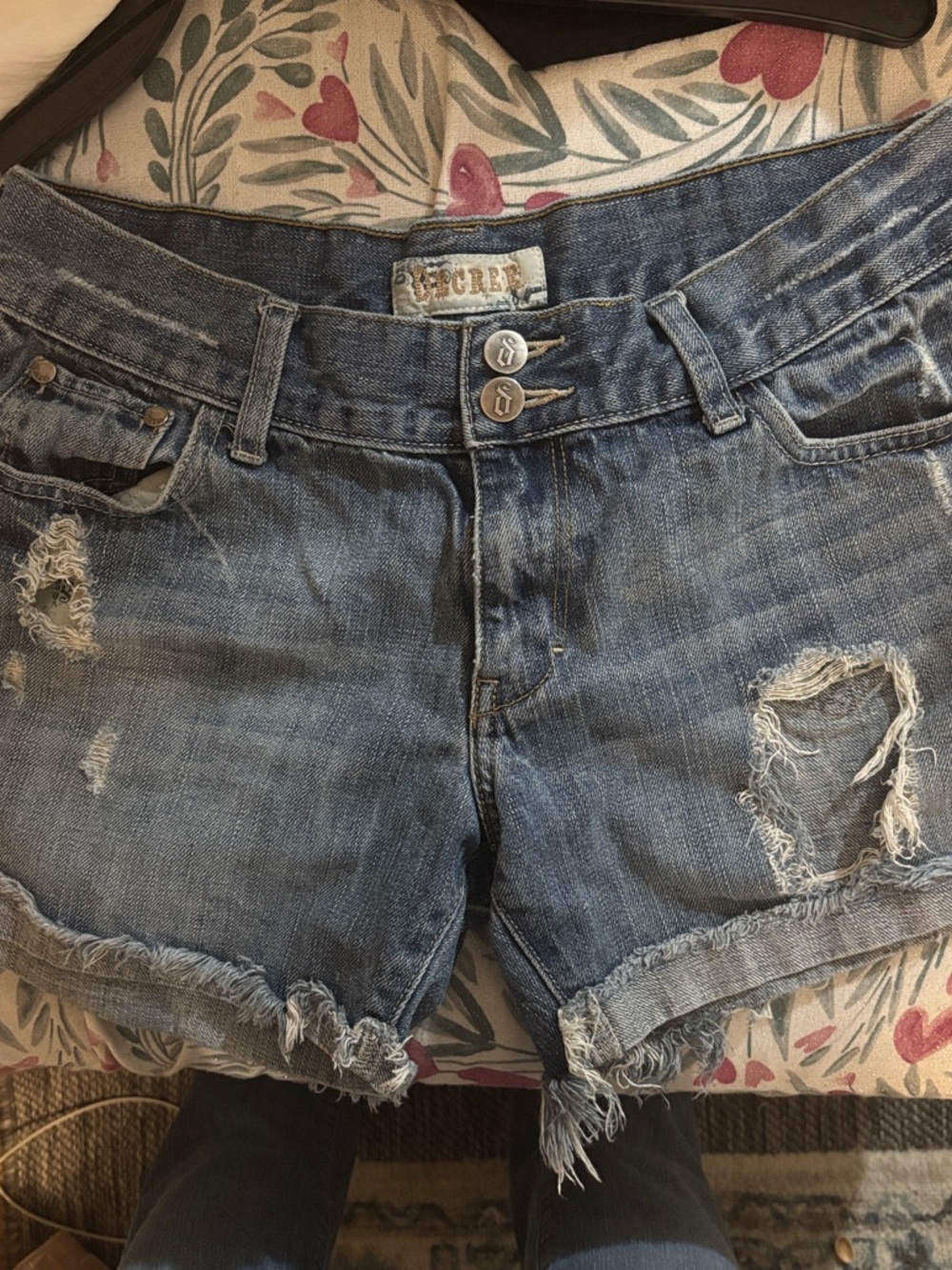 Decree Distressed Ripped Denim Shorts - Blue Wash